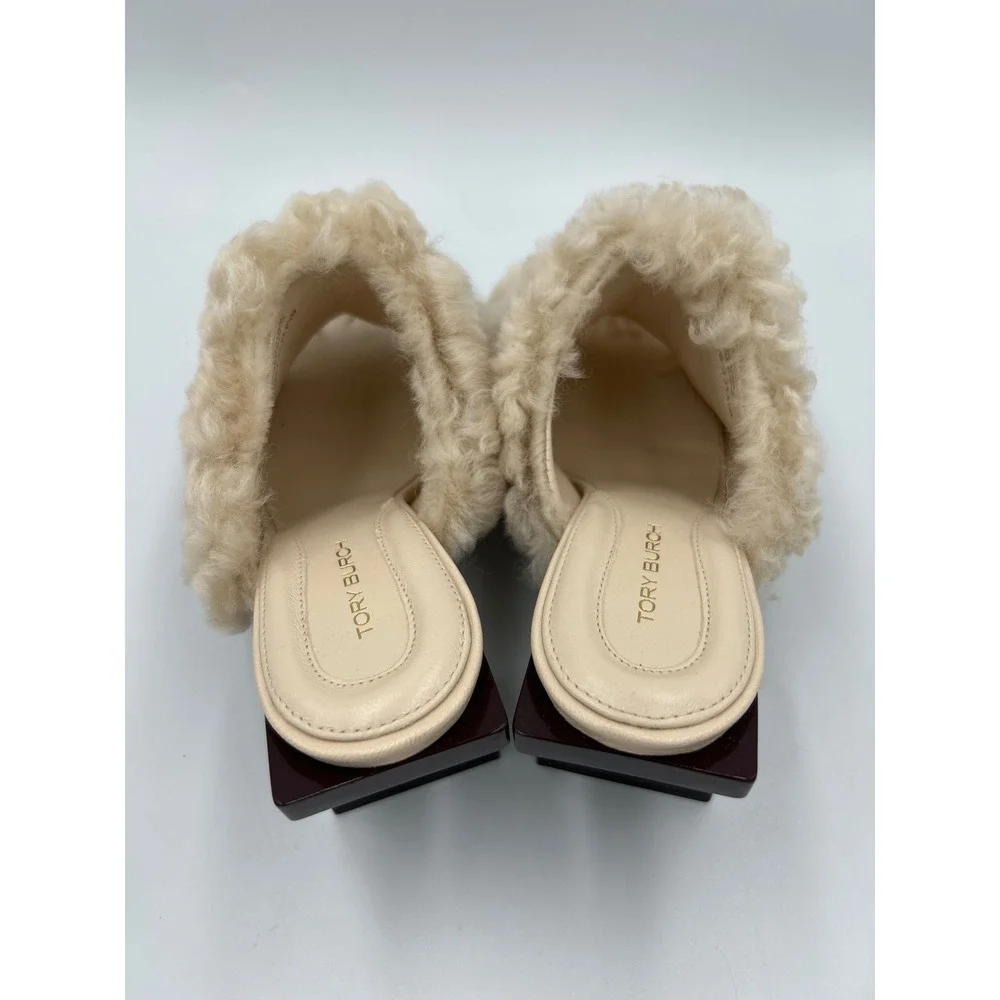 Tory Burch Cream Shearling Fur Mules Block Heel Slides Leather Sole Size 6.5